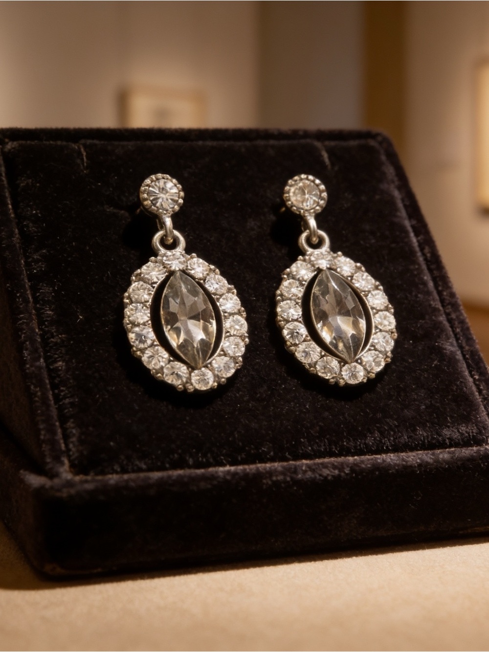 Smokey Gray Crystal Teardrop Drop Earrings – Vintage Silver-Plated